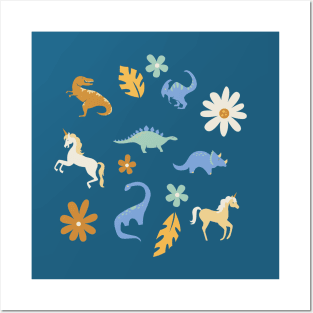 Dinosaurs + Unicorns in Blue + Umber Posters and Art